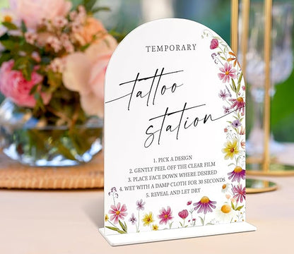 Temporary Tattoo Station Sign for Wedding Table Decor, Wild Flower Arch Acrylic Wedding Signs for Reception, Floral Bridal Shower Engagement Party Decorations for Love Is In Bloom