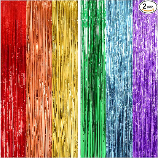 2 Pack Rainbow Party Backdrop Streamers Decorations Colorful Foil Fringe Curtains Metallic Tinsel Backdrop for Birthday First Day of School Engagement Baby Shower Christmas Holiday Party Decor