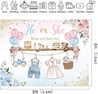 Riyidecor Gender Reveal Backdrop Polyester Fabric He or She Pink Blue Baby Shower Watercolor Flower Balloon Floral 8Wx6H Feet What Will Baby Be Photography Background Newborn Photo Studio Shoot