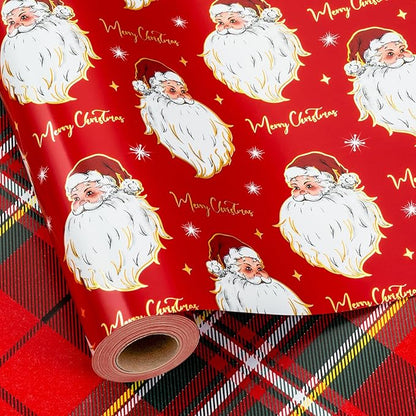 Yarcony Red Christmas Wrapping Paper Roll, Santa Wrapping Paper, Retro Classic Red Santa Claus, Stewart Tartan Plaid Christmas Gift Wrap Sheets for Winter Holiday, Festive Decor (17 Inch X 33 Feet)