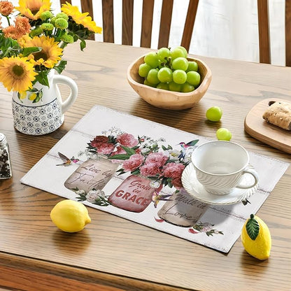 Rose Flower Placemats Set of 6 Farmhouse Peony Floral Table Mats Washable Place mats for Home Party Indoor Kitchen Dining Table Decoration 12x18 Inch
