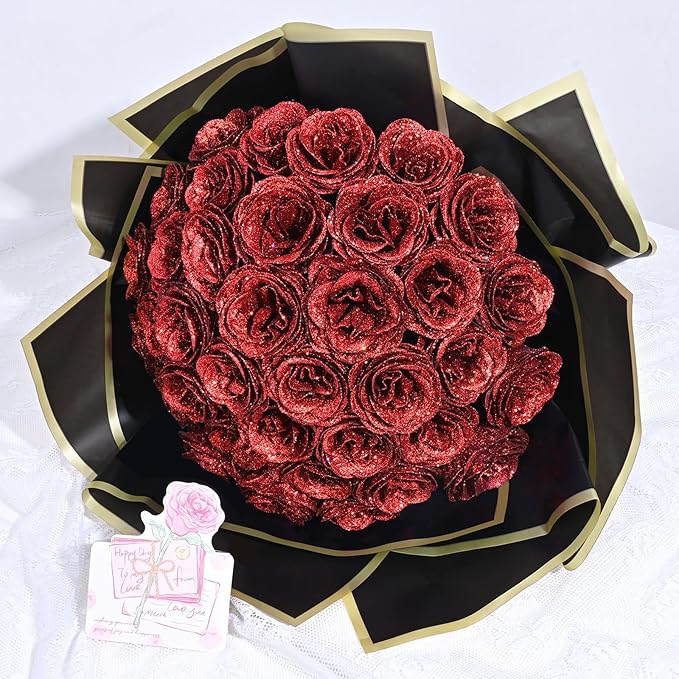 Waipfaru Glitter Roses Bouquet, DIY Fake Flowers Bouquet, Birthday Gifts for Women Mom, 24 Pcs Red Rose for Grandma Wife Girlfriend Valentines, Mothers Day, Anniversary, Graduation
