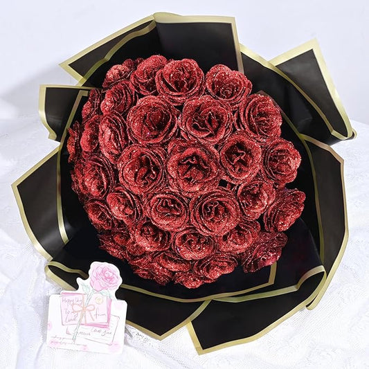 Waipfaru Glitter Roses Bouquet, DIY Fake Flowers Bouquet, Birthday Gifts for Women Mom, 36 Pcs Red Rose for Grandma Wife Girlfriend Valentines, Mothers Day, Anniversary, Graduation