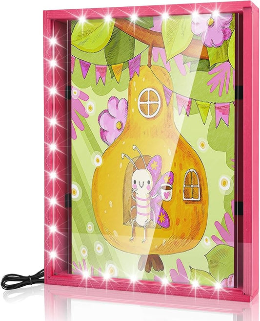 Dried Flowers Shadow Box with LED Light Changeable Picture Display & Storage Frame Wall-mounted Artwork Display Frame (Red Plum)