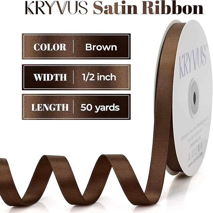 Brown Satin Ribbon, Double Faced 1/2 Inch X 50 Yards Brown Ribbon, Premium Satin Ribbon for Gift Wrapping, Crafts, Hair Bow Making, Sewing, Flower Bouquet, Wedding Party Decor