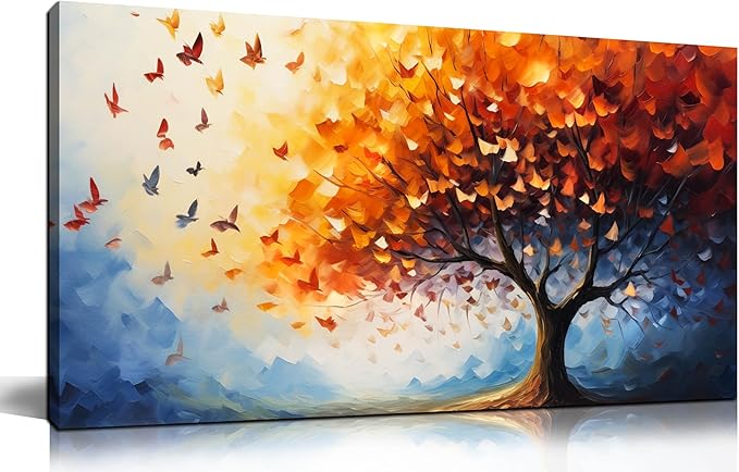 ANCXWOTER Butterfly Tree Canvas Wall Art for Living Room Bedroom Home Office Orange and Blue Colorful Butterfly Picture Tree of Life Wall Art Large Modern Canvas Prints 20x40 In