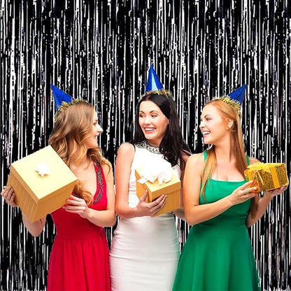 4 Pack Black Foil Fringe Curtain Backdrop, 3.28Ft x 8.2Ft Metallic Tinsel Streamers Curtains for Party, Photo Booth Props, Birthday, 2022 Mother's Day Decor Supplies, One Size