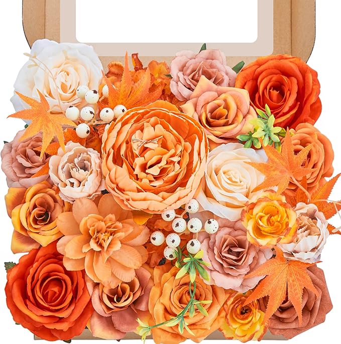 Artificial Flowers Fall, Orange Faux Flowers with Stems Silk Mix Peony Combo Box Set for DIY Bridal Wedding Bouquets Table Centerpieces Baby Shower Party Home Decorations
