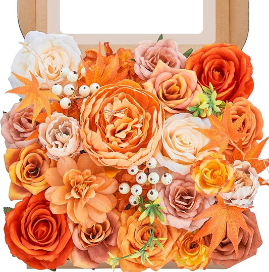 Artificial Flowers Fall, Orange Faux Flowers with Stems Silk Mix Peony Combo Box Set for DIY Bridal Wedding Bouquets Table Centerpieces Baby Shower Party Home Decorations