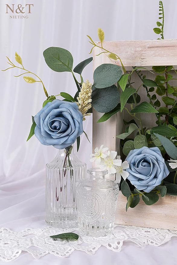 N&T NIETING Artificial Flowers, 25pcs Foam Roses Fake Flowers DIY Wedding Party Cake Decoration, Home Display, Dusty Blue Gray