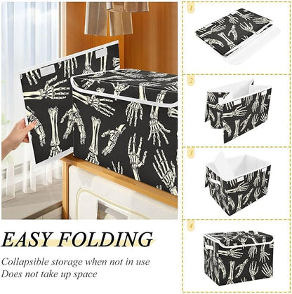 Halloween Baskets Collapsible Storage Bins with Lids, Skeleton Hands Halloween Storage Boxes Clothes Baskets for Organizing