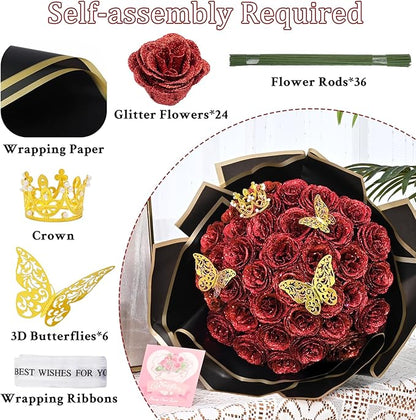 Waipfaru Glitter Roses Bouquet, DIY Fake Flowers Bouquet, Birthday Gifts for Women Mom, 36 Pcs Red Rose for Grandma Wife Girlfriend Valentines, Mothers Day, Anniversary, Graduation
