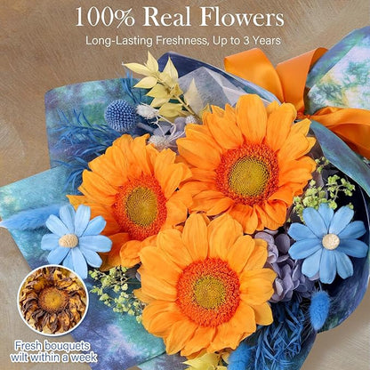 Forever Flowers for Delivery - Preserved Sunflowers Bouquet, Green Sunflowers That Last 3 Years, Eternal Flowers Bouquet for Her Mother Mom Wife Friends Birthday Gifts for Women, Starry Sky Blue