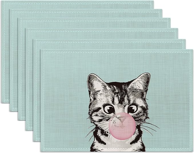 Funny Cat Placemats Set of 6,Washable Heat Resistant 12×18 Inch Linen Table Mats,Place Mats for Party Outdoor Dining Décor