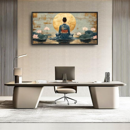 Japanese Woman Large Wall Art Lotus Moon Pictures Wall Decor Nature Canvas Landscape Print Painting Modern Artwork Home Decoration for Living Room Bathroom Bedroom Office Framed 60"x30"