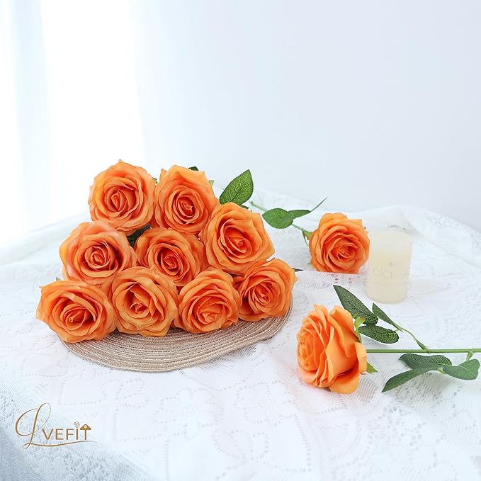 50pcs Artificial Rose Flower Orange Rose Orange Flower with Long Stem Silk Roses Bouquet for Wedding Bridal Shower Party Home Decoration