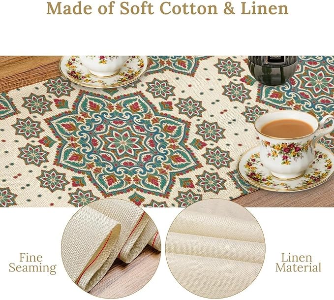 Boho Table Runner, Colorful Bohemian Mandala Geometric Floral Table Runner for Kitchen Dining Home Party Decoration, 13x108 Inch