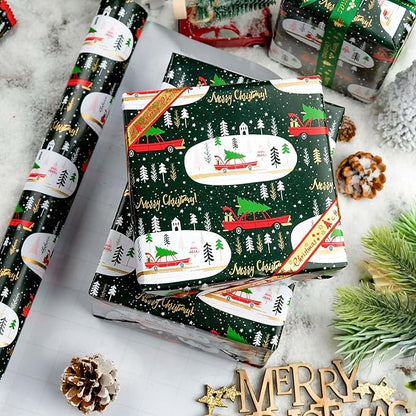 MAYPLUSS Green Christmas Wrapping Paper - 17In x 33 Feet - Truck, Christmas Tree Xmas Gift Wrapping, Gold Foil Wrapping Paper for Holiday, Party, Birthday New Year Gift Wrapping Paper,Mini Roll