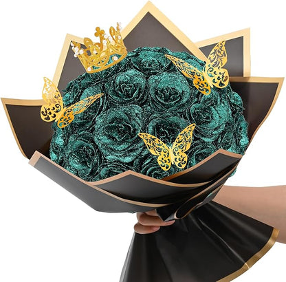 Waipfaru Glitter Roses Bouquet, DIY Fake Flowers Bouquet, Birthday Gifts for Women Mom, 24 Pcs Dark Green Rose for Wife Girlfriend Valentines, Mothers Day, Anniversary, Graduation