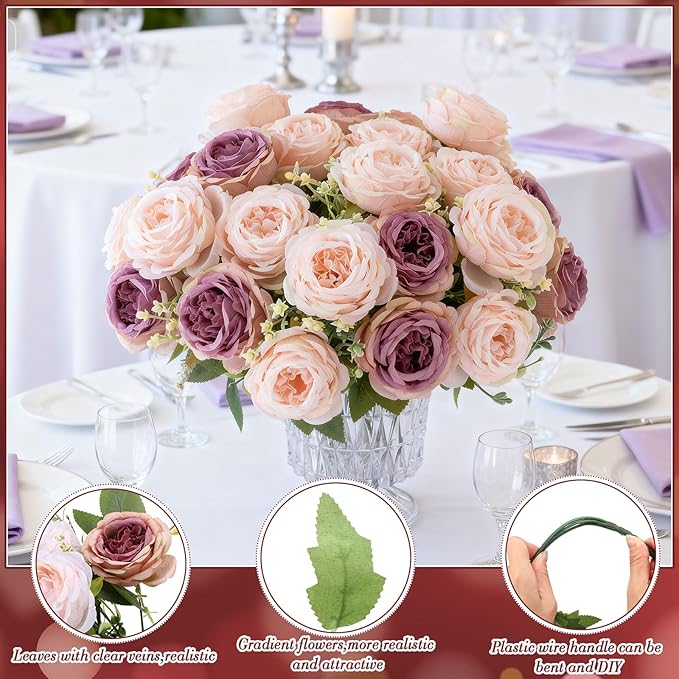 Geosar 24 Bundles Artificial Peonies Flowers Fake Silk Peony Bouquet Faux Peonies Flowers Bulk for Decoration Vase Floral Arrangements Wedding Party Table (Dusty Rose)