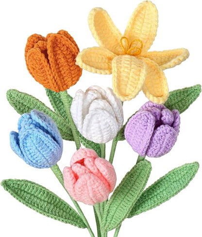 Dremisland Crochet Flowers 6PCS Crochet Tulips Finished Handmade Knitted Flowers Crocheted Bouquets Pastel Floral Gift for Mothers Girls Friends Teacher Gifts for Women,Graduation Flower Home Decor