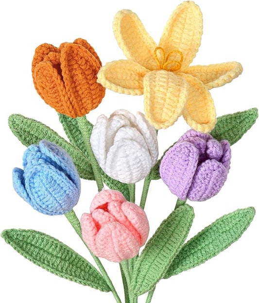 Dremisland Crochet Flowers 6PCS Crochet Tulips Finished Handmade Knitted Flowers Crocheted Bouquets Pastel Floral Gift for Mothers Girls Friends Teacher Gifts for Women,Graduation Flower Home Decor