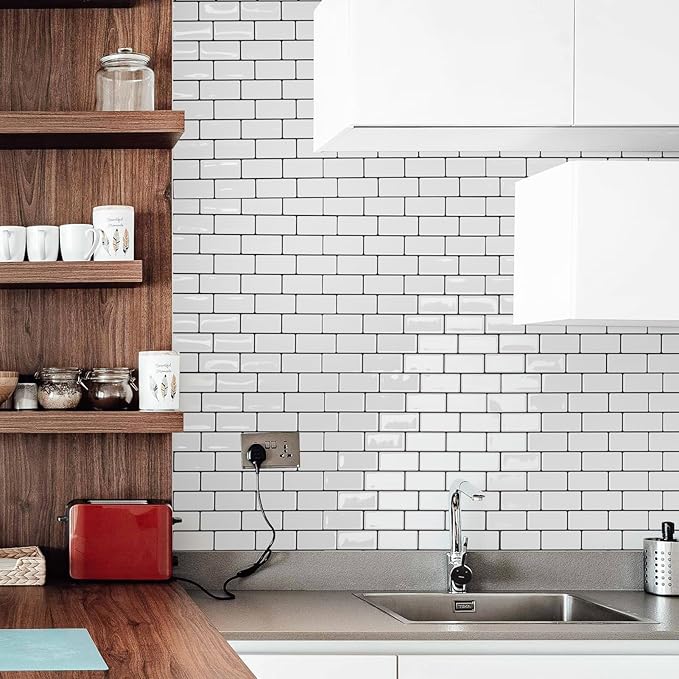 Art3d 10-Sheet Peel and Stick Backsplash Tile for Kitchen - 12”×12” Stick on Wall Tile for Kitchen Bathroom Countertop Living Room, Warm White with Black Grout