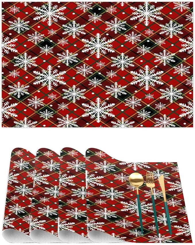 Christmas Xmas Waffle Art Snowflake Placemats Set of 6 PVC Vinyl Non Slip Table Mats Heat Resistant Place Mats Washable Wipeable Dining Table Mat for Kitchen Decor Party Indoor Outdoor Decorative Gift