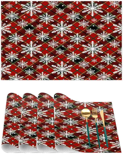Christmas Xmas Waffle Art Snowflake Placemats Set of 6 PVC Vinyl Non Slip Table Mats Heat Resistant Place Mats Washable Wipeable Dining Table Mat for Kitchen Decor Party Indoor Outdoor Decorative Gift