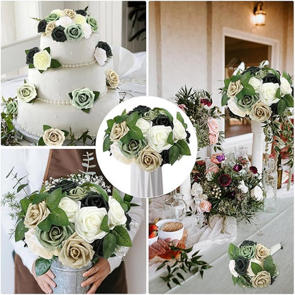 100 Pieces Artificial Foam Rose Flowers Faux Bouquet with Leaves and Stems for DIY Wedding Bouquets Centerpieces Bridal Shower Party Valentine Home Decorations (Shades of Emerald)