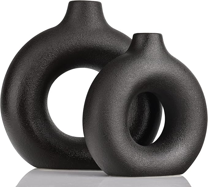 Black Vase Decor Donut Vase Set of 2 - Circle Hollow Vases, Modern Matte Ceramic Vases for Entryway Living Room Bedroom Dining Table Centerpiece Office Home Decor