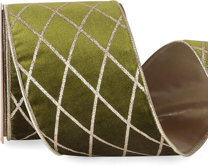 Ribbli Moss Green Velvet Ribbon Wired with Glitter Diamond Grid 4 Inch Christmas Ribbon for Christmas Tree Decoration Big Bow Gift Wrapping Crafts Wreaths Garland Supplies - 10 Yards