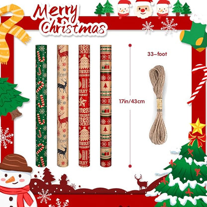 Panigkids Christmas Wrapping Paper Set with Jute Twine, Red, Green & Natural Kraft Rolls with Candy Canes, Reindeer & Merry Christmas Print (17 inch x 17 ft) 4 Rolls
