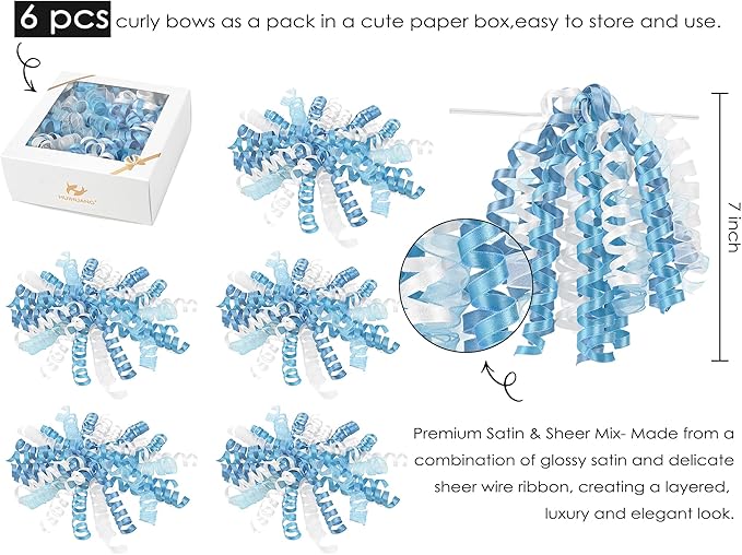 HUIHUANG Blue Bows for Gift Wrapping Blue and White Curly Bows with Self Adhesive & Twist Tie, 7 inch Gift Bow for Presents, Gift Basket, Baby Shower, Christmas Decor, Party Favors- 6 Counts