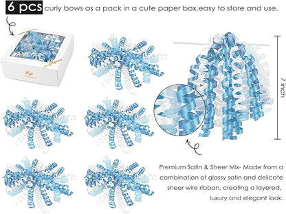 HUIHUANG Blue Bows for Gift Wrapping Blue and White Curly Bows with Self Adhesive & Twist Tie, 7 inch Gift Bow for Presents, Gift Basket, Baby Shower, Christmas Decor, Party Favors- 6 Counts