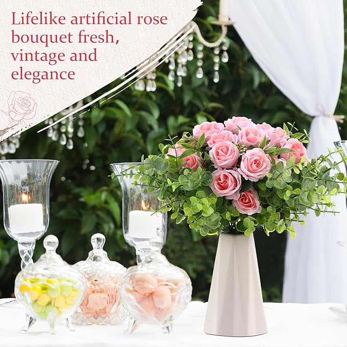 Zeyune 16 Bunches 12 Inch Artificial Mini Rose Bouquet 160 Heads Bridal Flower Bouquets Fake Silk Rose Bulk for Wedding Bridal Shower Christmas Home Office Garden Decoration(Light Pink)