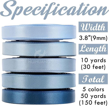 HUIHUANG Dusty Blue Ribbon 3/8 inch Satin Ribbon Assorted Dusty Blue Wedding Ribbons for Flower Bouquets Wedding Bridal Shower Decor Gift Wrapping DIY Crafts Hair Decor- 10 Yards x 5 Color
