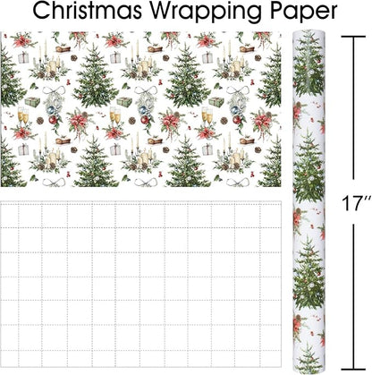 MAYPLUSS Christmas Wrapping Paper Roll - 17 In x 33 Feet - Cute Watercolor Christmas Tree Candle Pinecone Goblet Gift Wrap Paper for New Year, Holiday, Kids