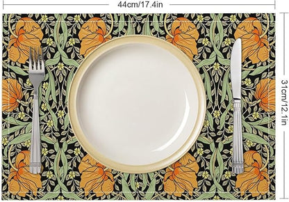 William Morris Placemats Farmhouse Sage Green Orange Vintage Floral Art Printed Dining Table Mats Set of 4 for Home Kitchen Holiday Picnic Party Decoration 12x18in