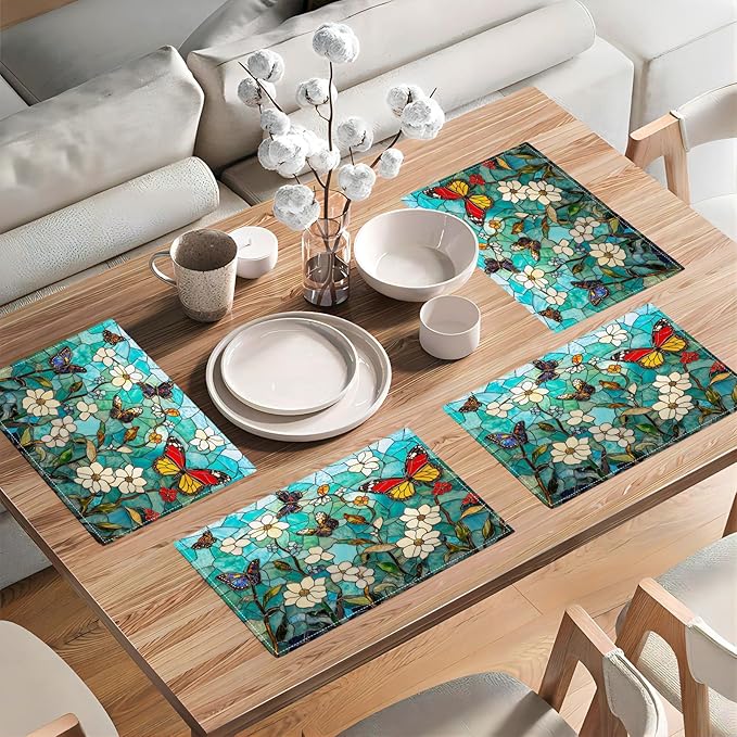 Butterfly Teal Placemats Set of 4, Colorful Stained Glass Place Mats, Rustic Flowers Dining Table Mats, Washable Placemats for Kitchen Dining Room Home Decor 18L'' × 12W''