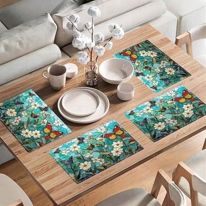 Butterfly Teal Placemats Set of 4, Colorful Stained Glass Place Mats, Rustic Flowers Dining Table Mats, Washable Placemats for Kitchen Dining Room Home Decor 18L'' × 12W''