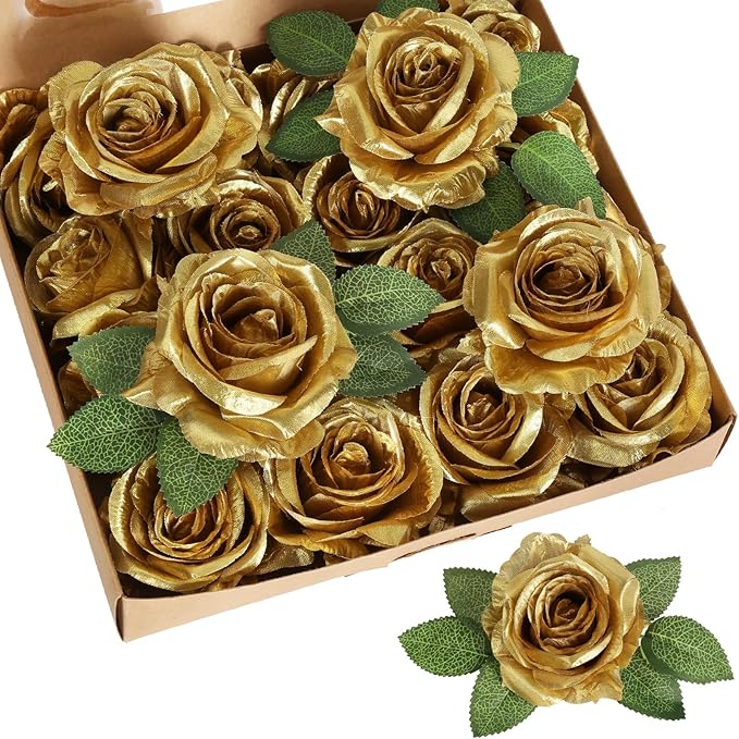 20pcs Gold Roses Artificial Flowers Fake Roses Real Looking Silk Flowers Bulk Big Faux Flowers with Stems for Wedding Centerpieces Table Home Party Decoration Bridal Floral Arrangement (Gold)