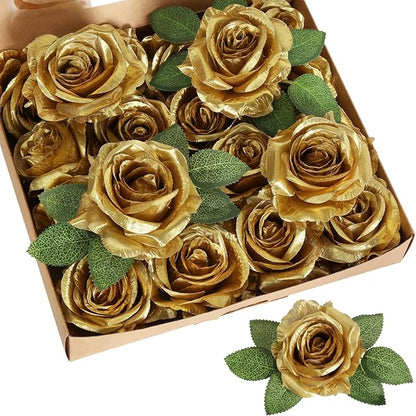 20pcs Gold Roses Artificial Flowers Fake Roses Real Looking Silk Flowers Bulk Big Faux Flowers with Stems for Wedding Centerpieces Table Home Party Decoration Bridal Floral Arrangement (Gold)