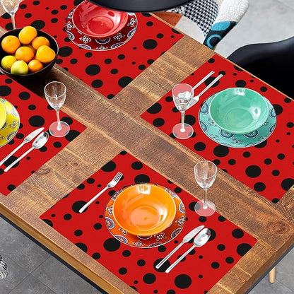 Black Spots Placemats Set of 4, 12x18 Inch Non-Slip Washable Heat Resistant Linen Fabric Table Mats,Place Mats for Holiday Party