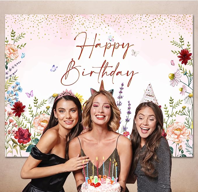 Wildflower Happy Birthday Backdrop Banner Girls Floral Birthday Decorations,Spring Watercolor Wildflower Bday Background Women Girls Wild Flowers Theme 1st Birthday Party Decor Photo Booth Props 5x3ft