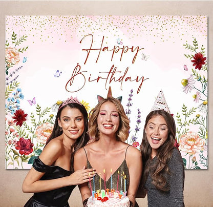 Wildflower Happy Birthday Backdrop Banner Girls Floral Birthday Decorations,Spring Watercolor Wild Flower Bday Background Women Girls Wildflower Theme 1st Birthday Party Decor Photo Booth Props 10x7ft