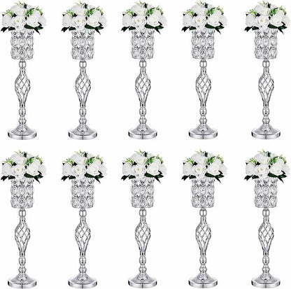 Set of 10 Metal Diamond Crystal Wedding Centerpiece Vases for Tables, 24in Silver Versatile Tall Flower Holders Centerpiece Flower Stands for Wedding Party Reception Home Décor