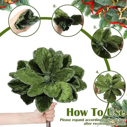 8 Pcs Large Christmas Flower Magnolia Flowers Christmas Tree Decoration Artificial Poinsettia Stems Velvet Xmas Ornaments for Xmas Tree Table Decor (Forest Green,12 Inch)