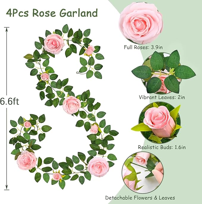 4 Pcs Flower Garland with 39.2 Ft Lights, 26.4 Ft Pink Floral Garland Fake Flowers for Wedding Arch Party Wall Garden Room Decor