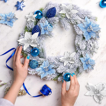 Boao 24 Pieces Christmas Artificial Glitter Poinsettia Flowers Xmas Flowers Wedding Christmas Tree New Year Ornaments (Sky Blue and Silver)